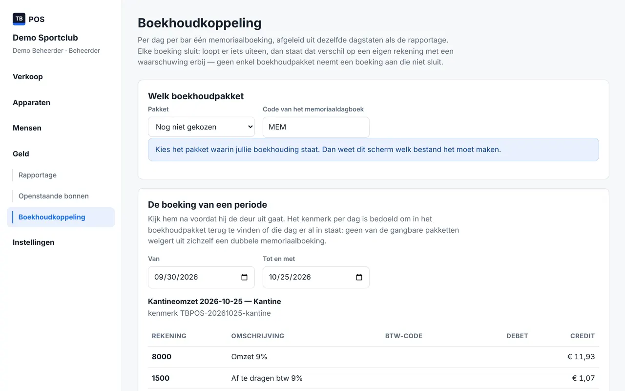 Het scherm Boekhoudkoppeling: de keuze voor het boekhoudpakket, en de memoriaalboeking van een dag met per rekening de omschrijving, het debet en het credit.