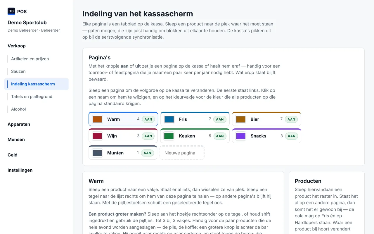 Het clubportal met de indeling van het kassascherm: de pagina's met een knop aan of uit, en uitleg over slepen.