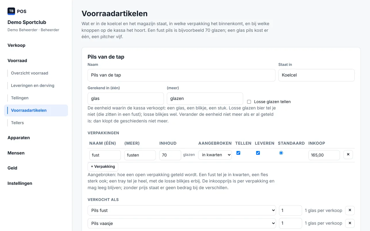 Het voorraadartikel Pils van de tap in het clubportal: gerekend in glazen, met als verpakking een fust van 70 glazen dat in kwarten wordt geteld, en daaronder de kassaknoppen die er een glas van afhalen.