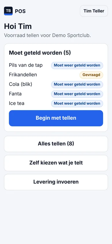 Het beginscherm van de tellerssite op een telefoon: Hoi Tim, en een lijst van vijf artikelen die geteld moeten worden. Bij de frikandellen staat Gevraagd, bij de andere Moet weer geteld worden. Daaronder de knop Begin met tellen.