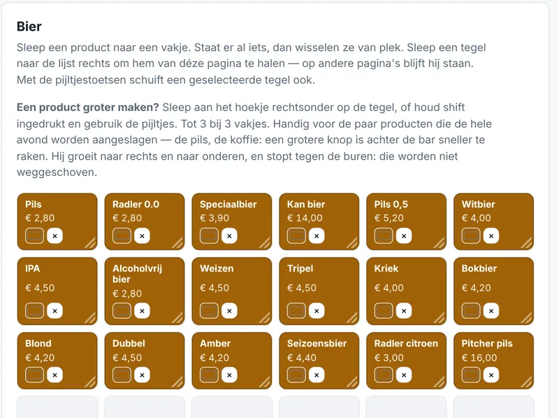 Het clubportal met de indeling van de pagina Bier: uitleg over slepen en groter maken, en daaronder achttien tegels met naam en prijs in een raster van zes breed.